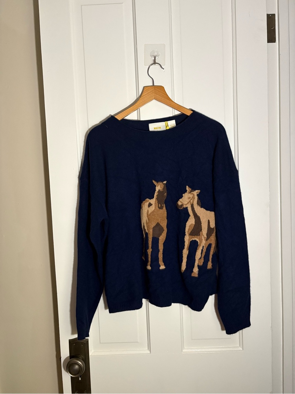Maeve Cashmere Navy Crewneck Sweater with Tan Horse